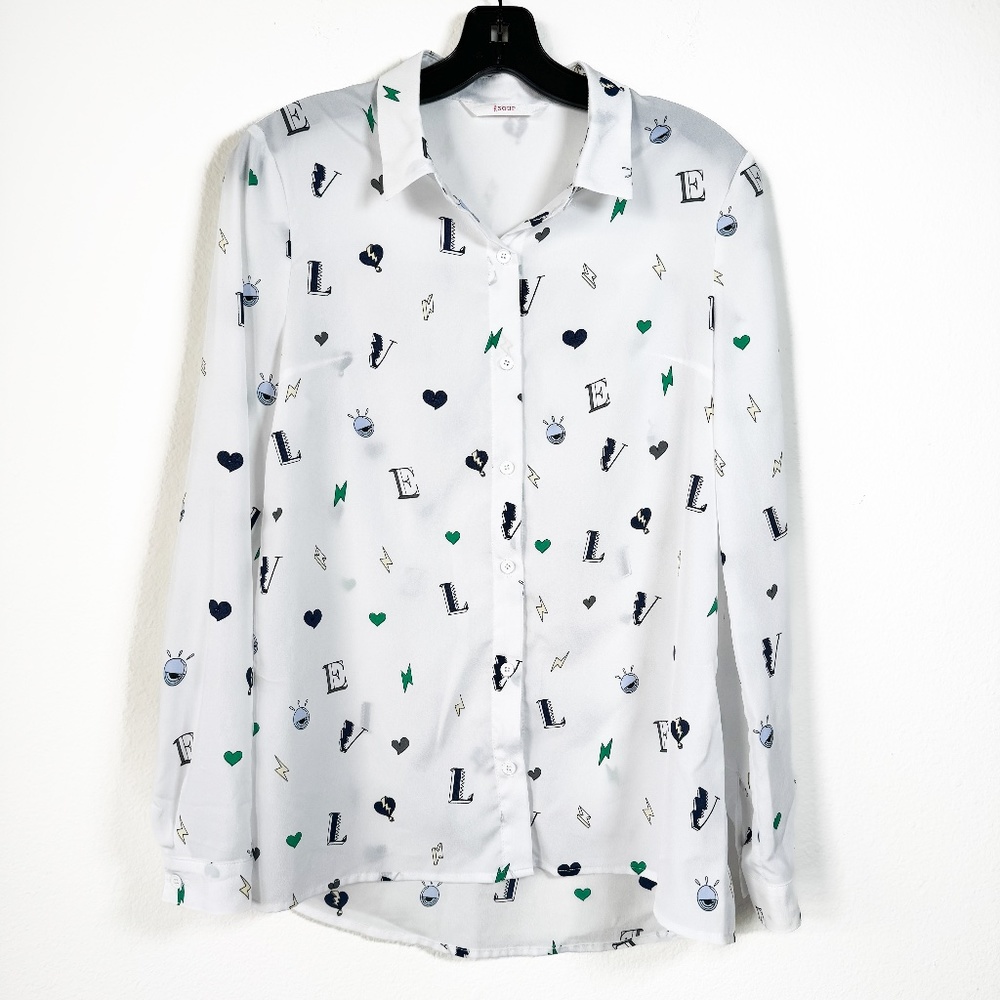 SOUP Shirt Long Sleeves White with Multicolored Print Semi-Shear Top Size XS